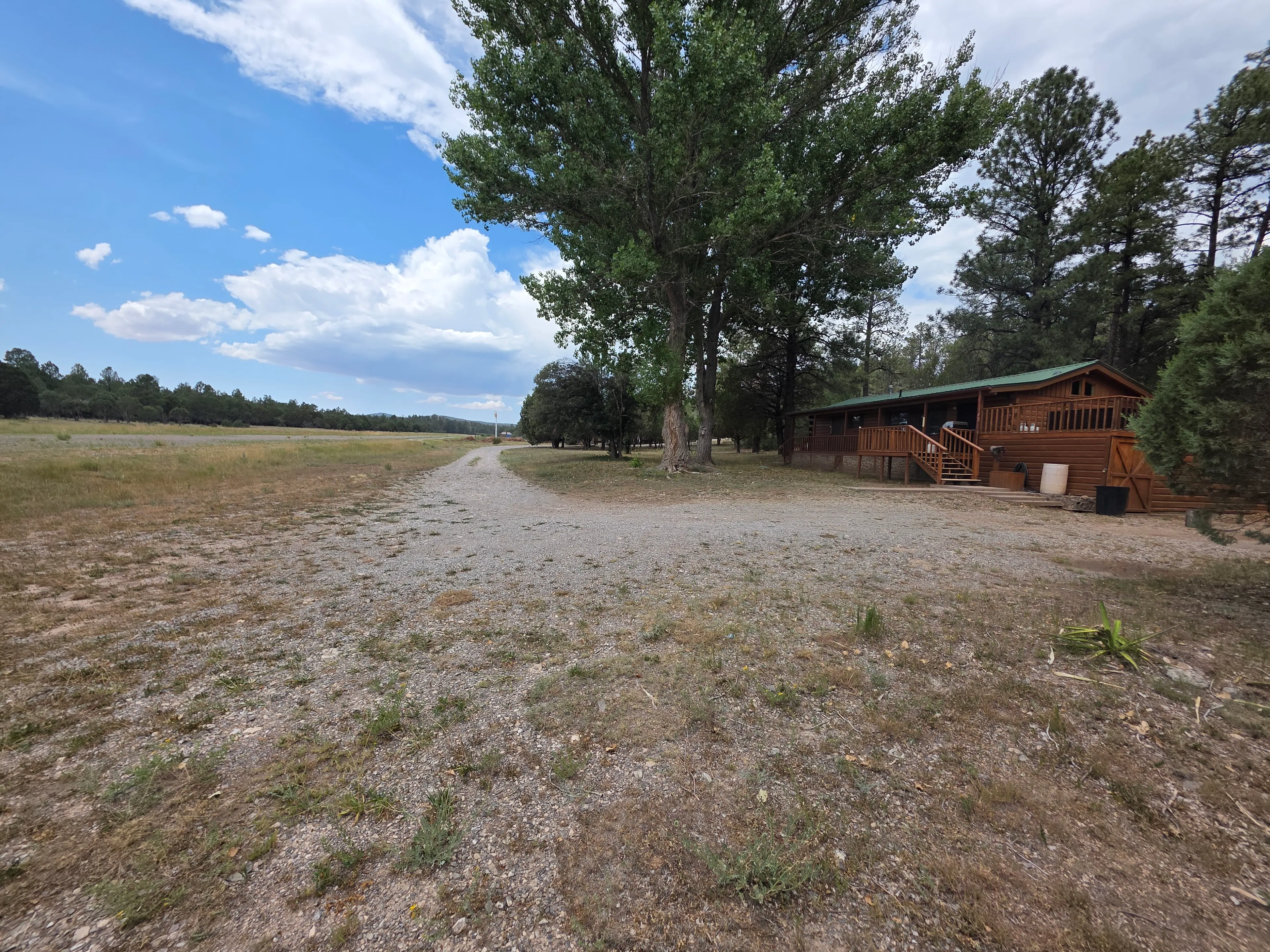 cabin exterior with gravel drive