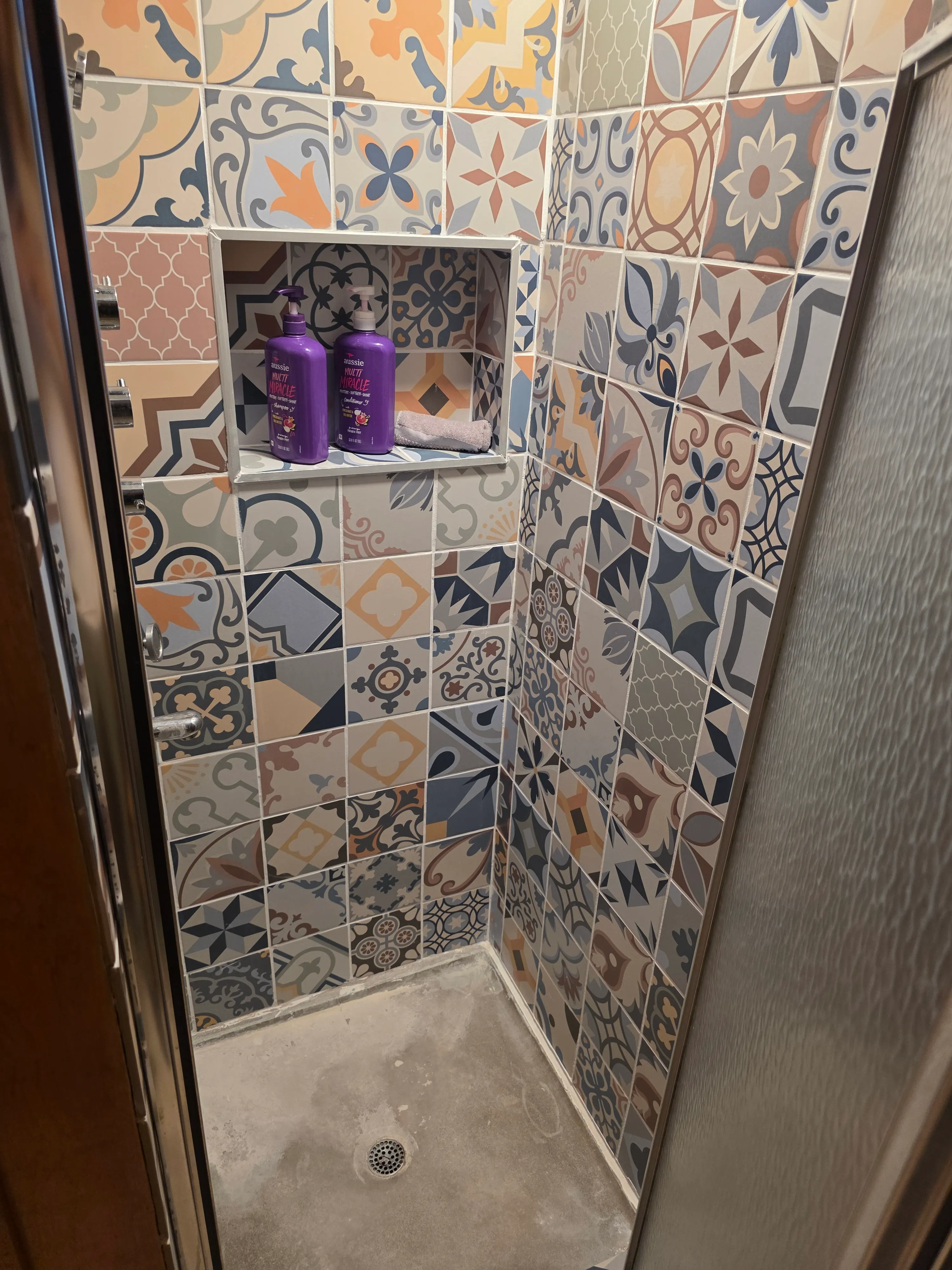 patterned tile shower stall