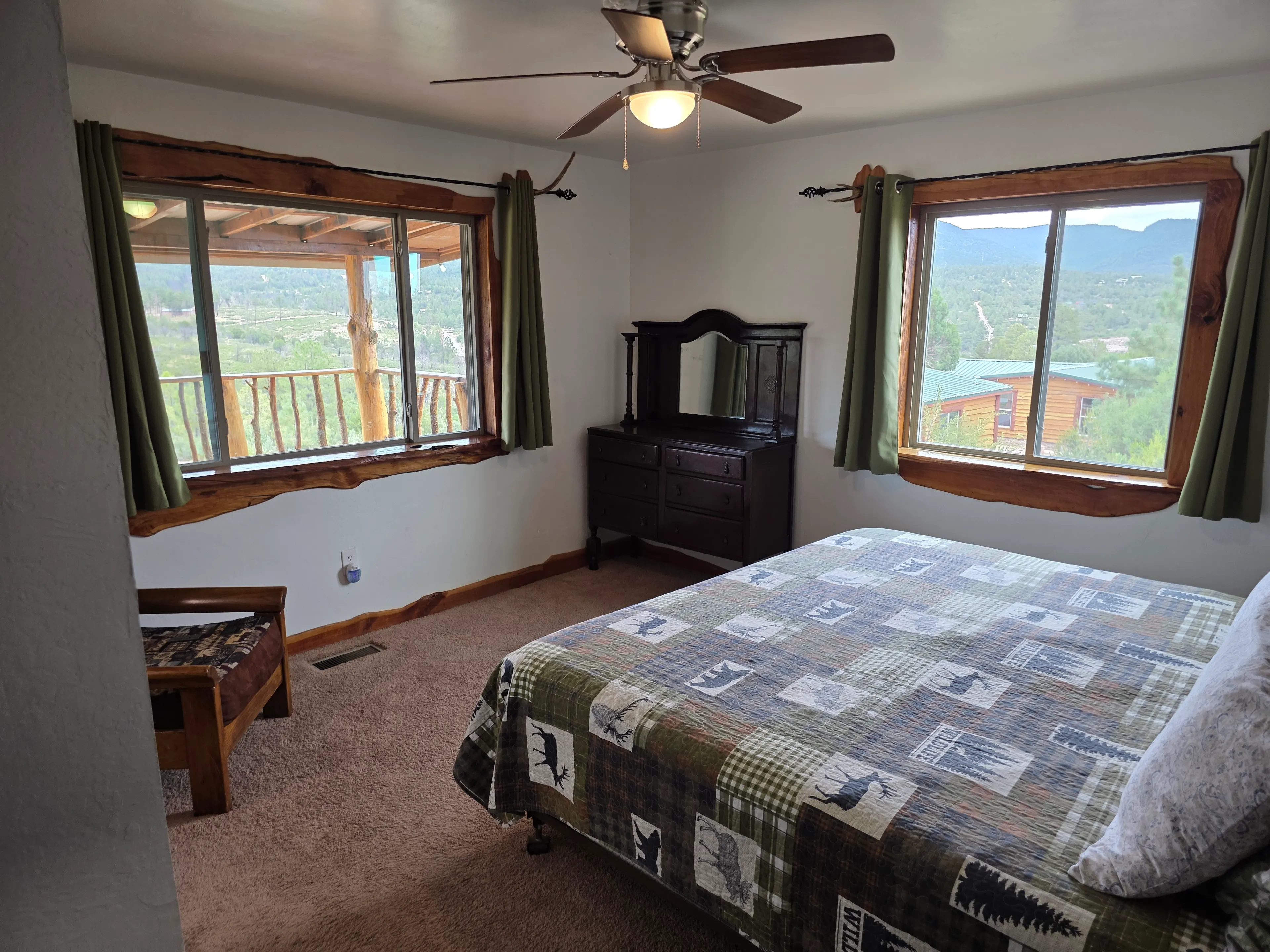Bedroom, two view windows, fan