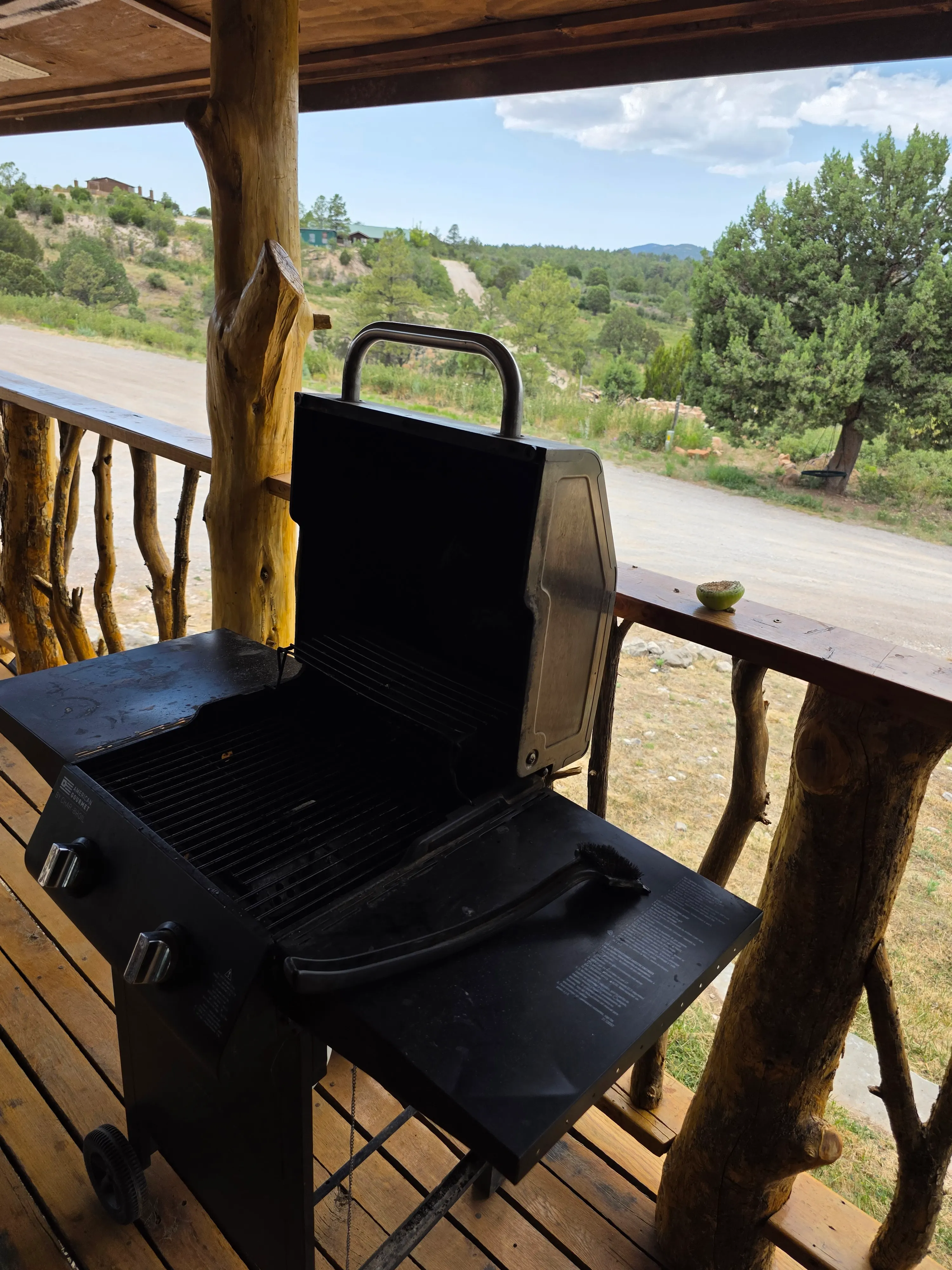 Gas grill open on porch