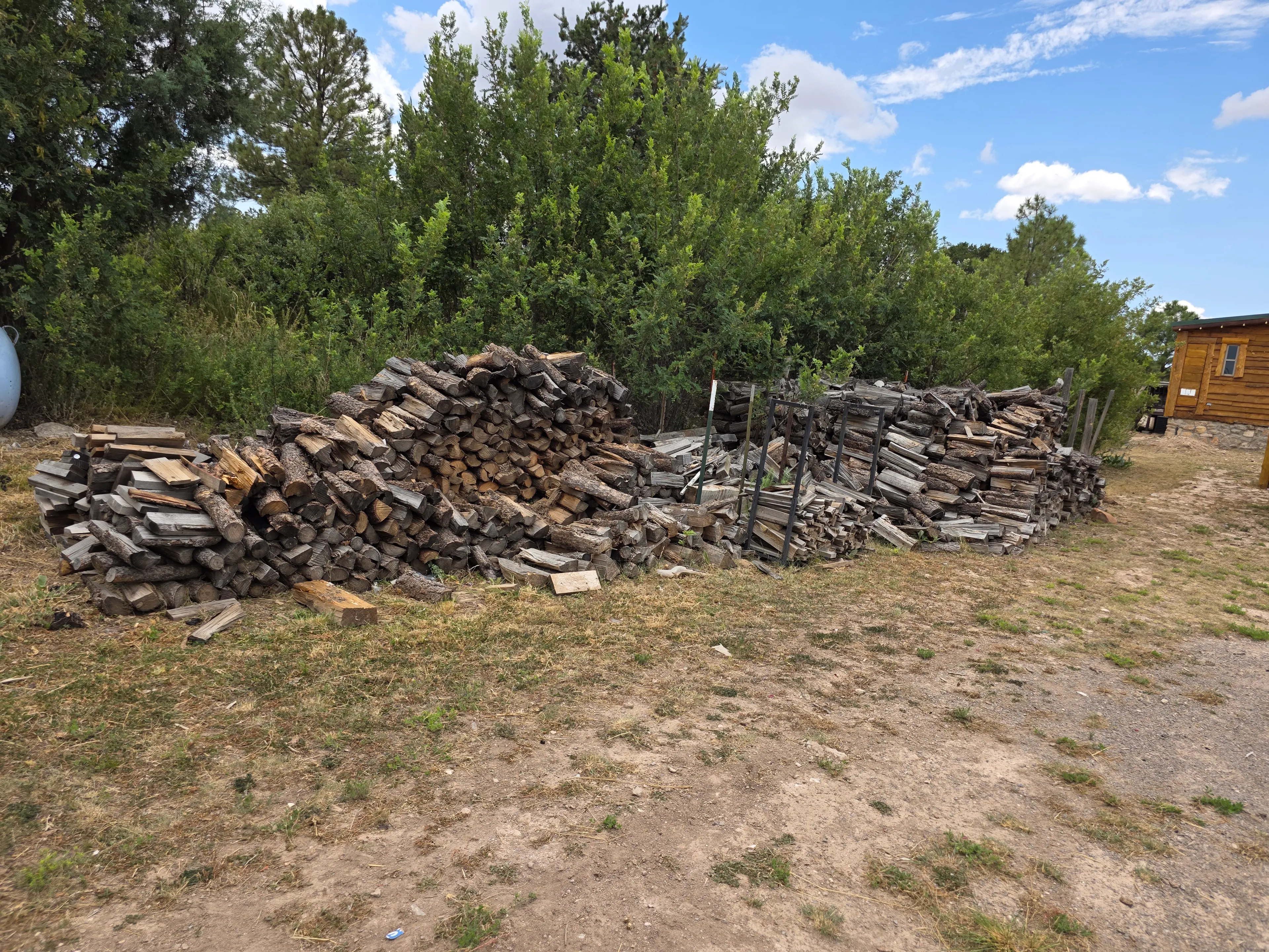 Large firewood piles in yard