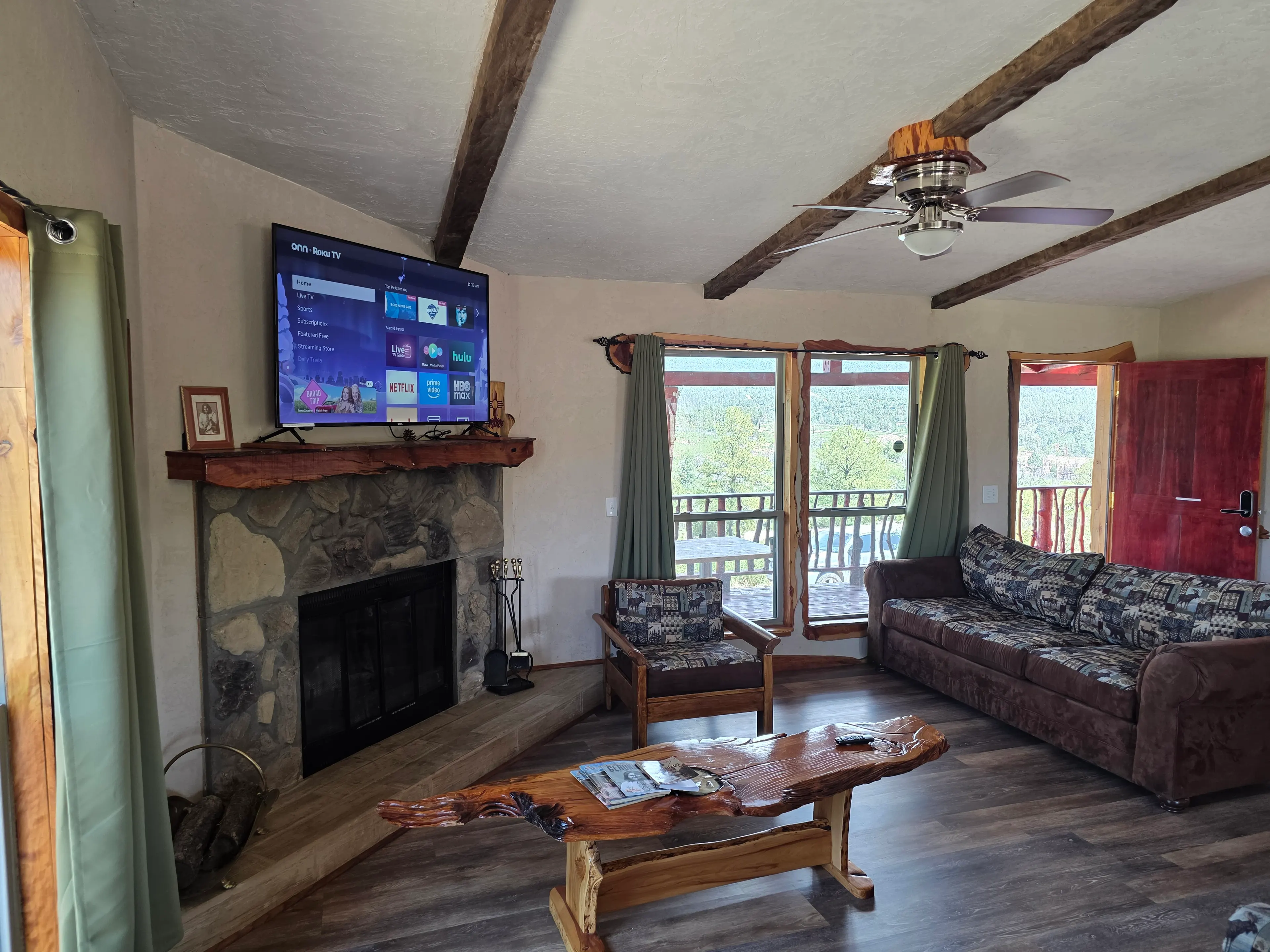 Stone fireplace with Roku TV