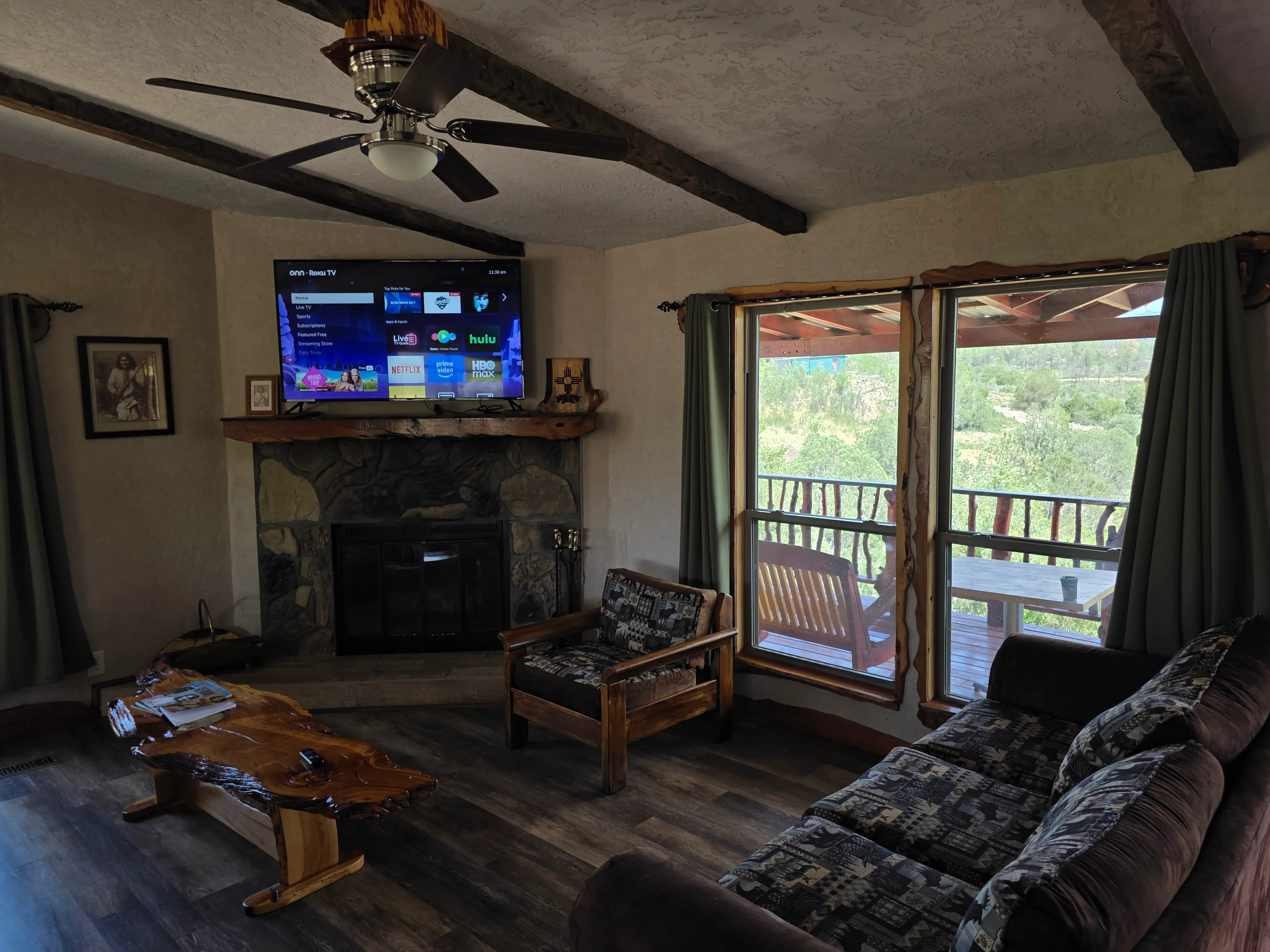Fireplace, TV, two sofas