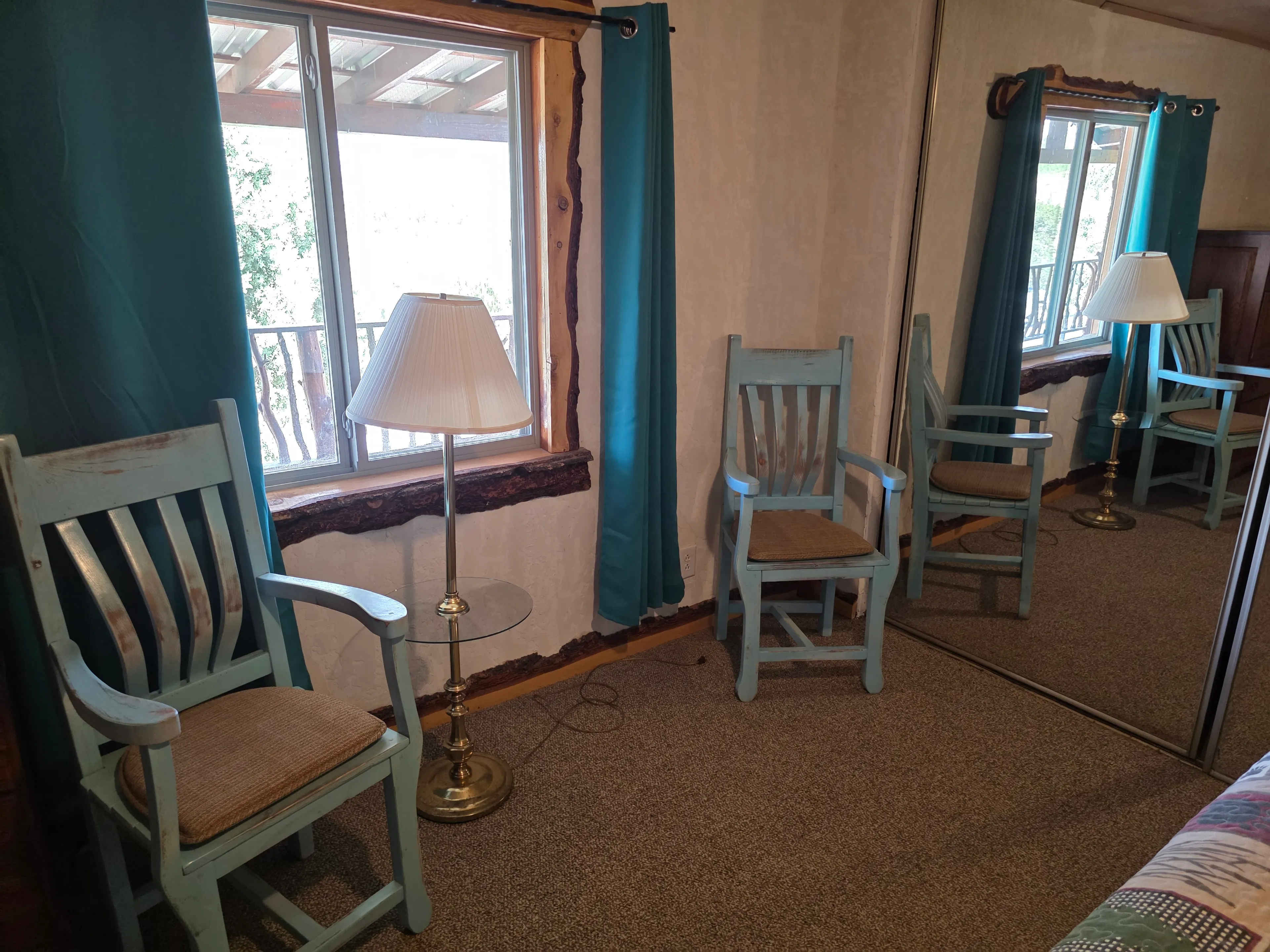 Bedroom chairs, lamp, mirrored closet