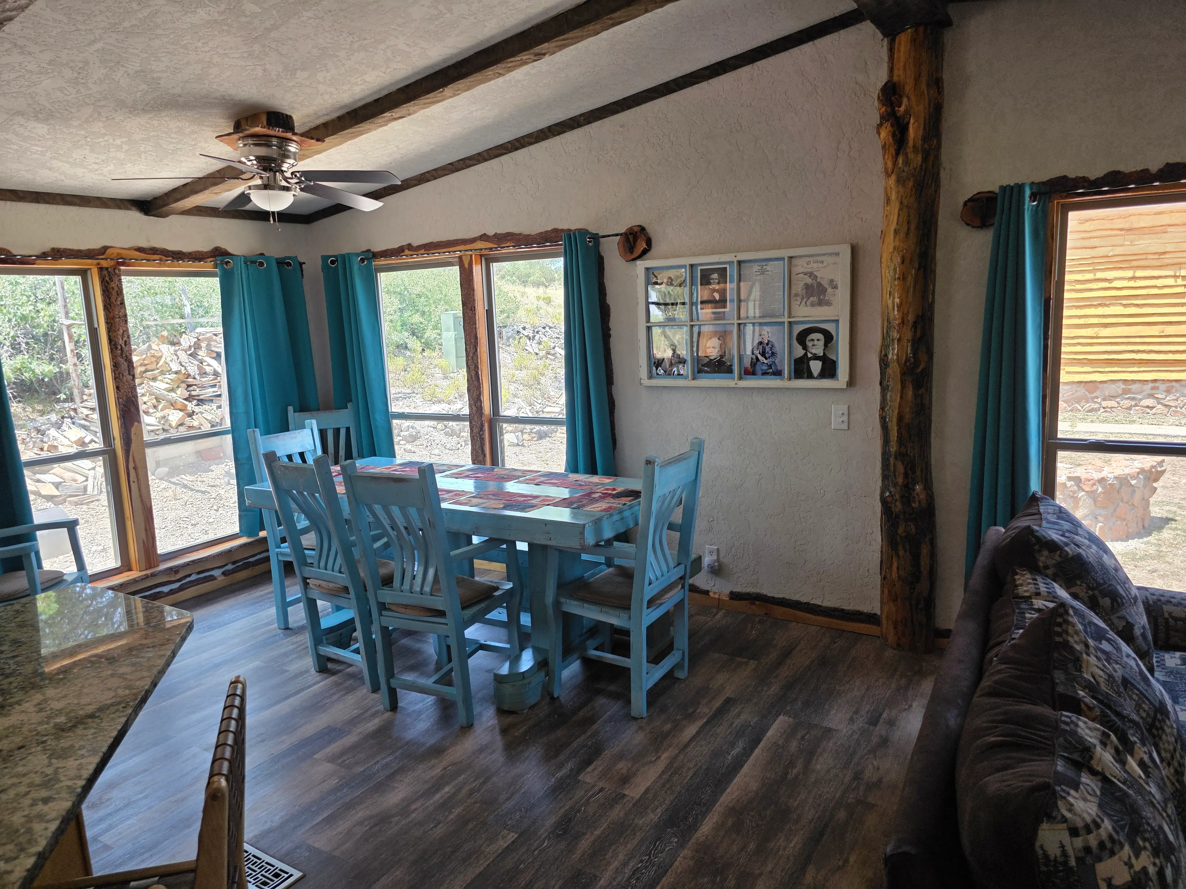 Blue dining table, six chairs