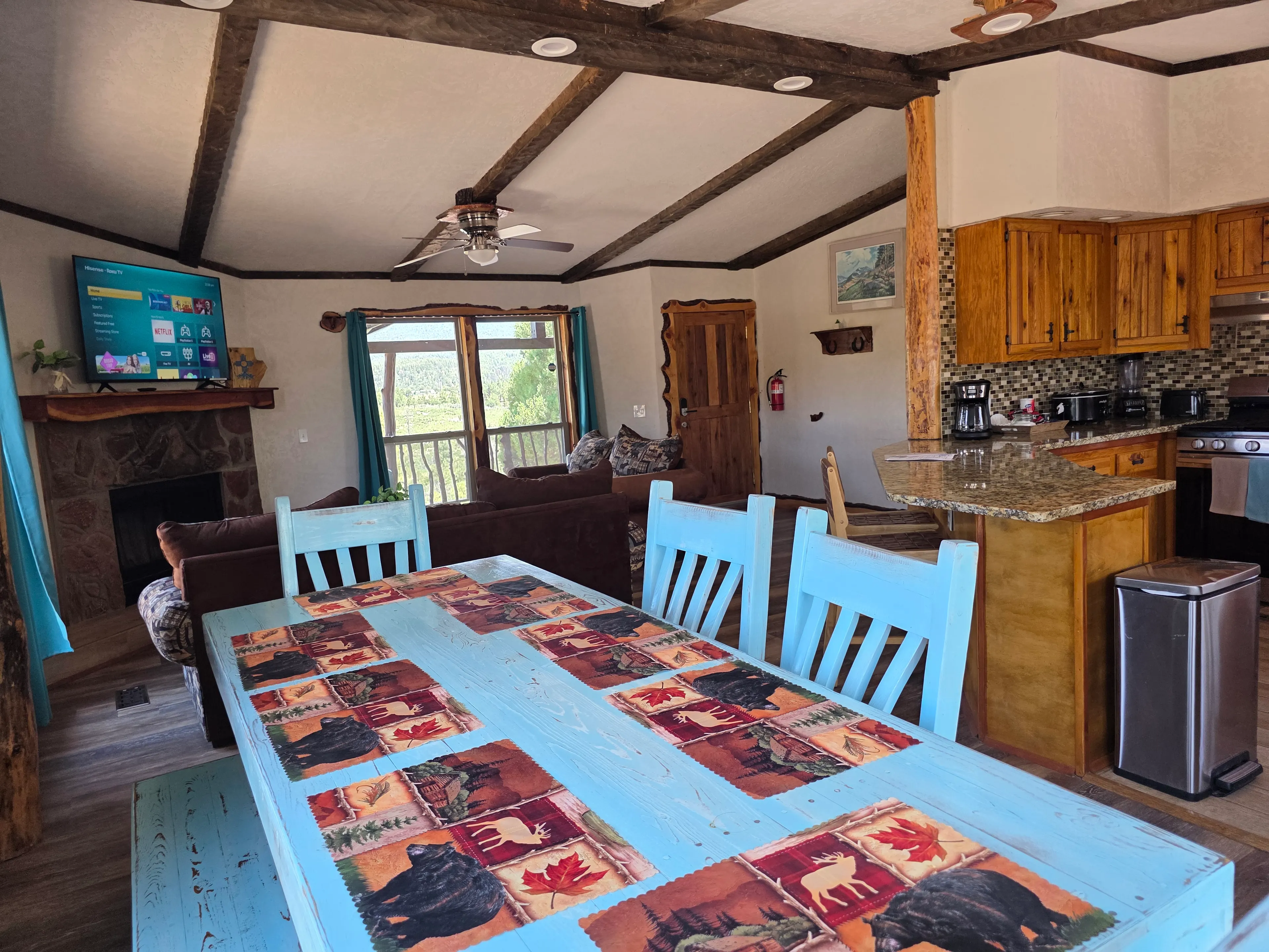 open plan dining, kitchen, living