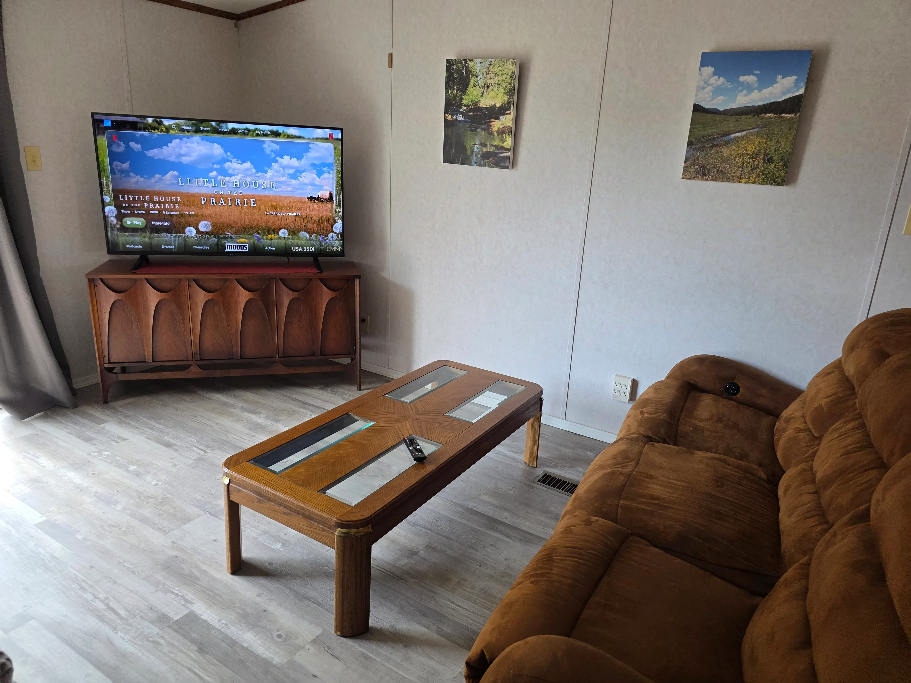 Living room TV and brown couch