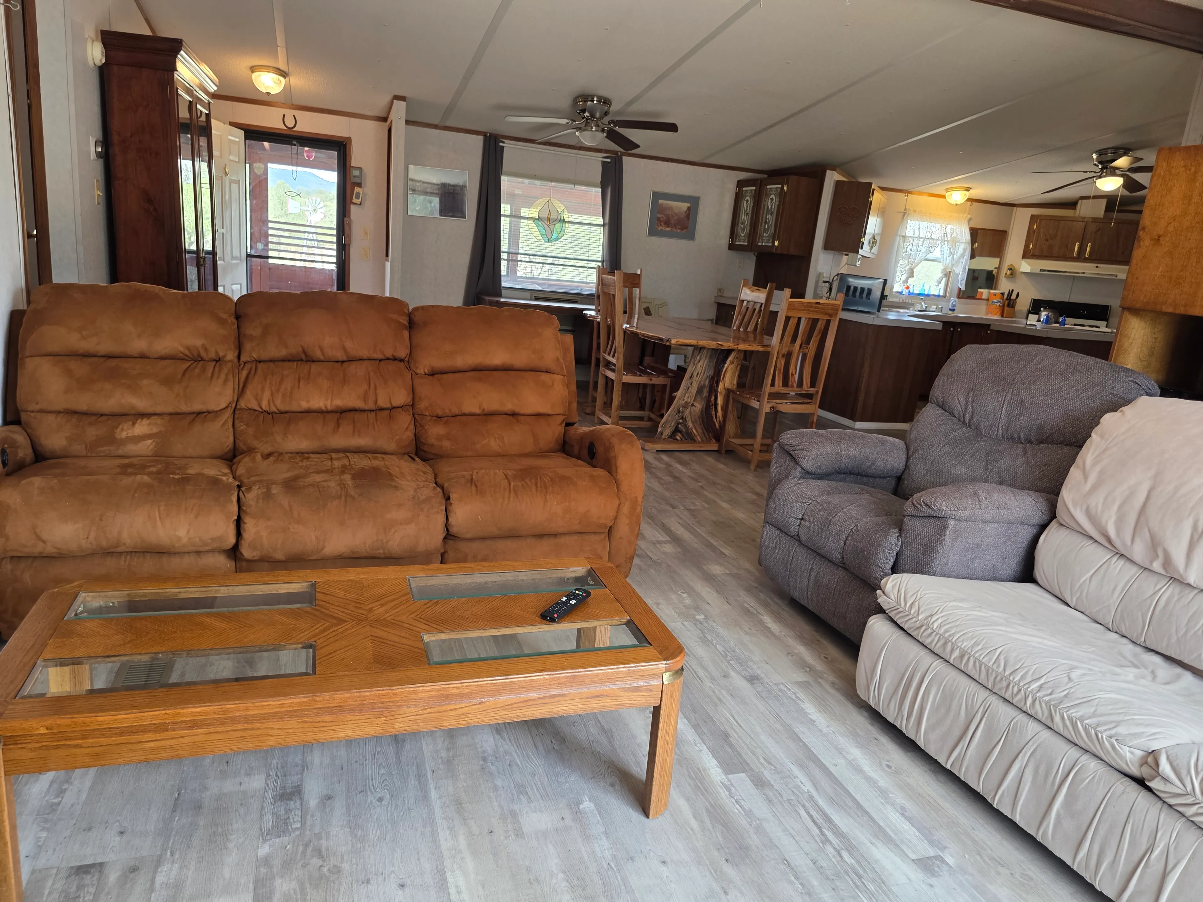 Living room couches, open kitchen