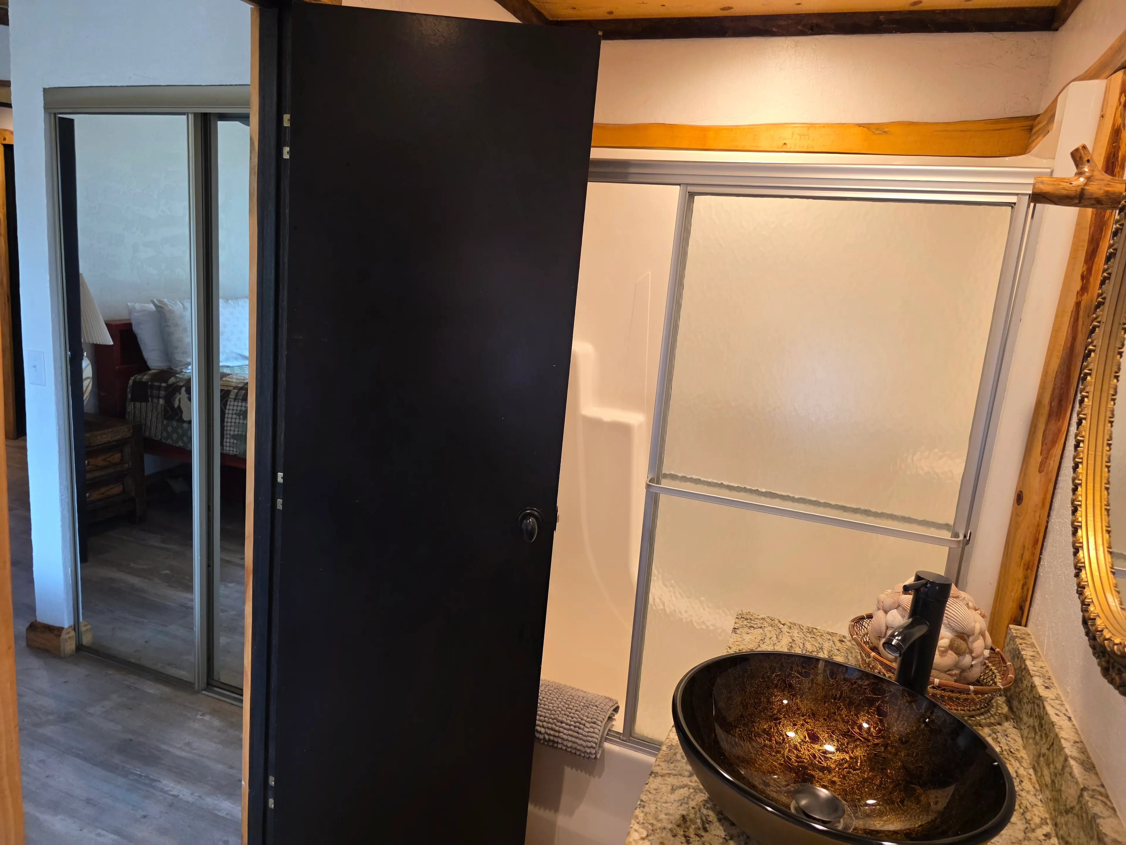shower doors, sink, bedroom beyond