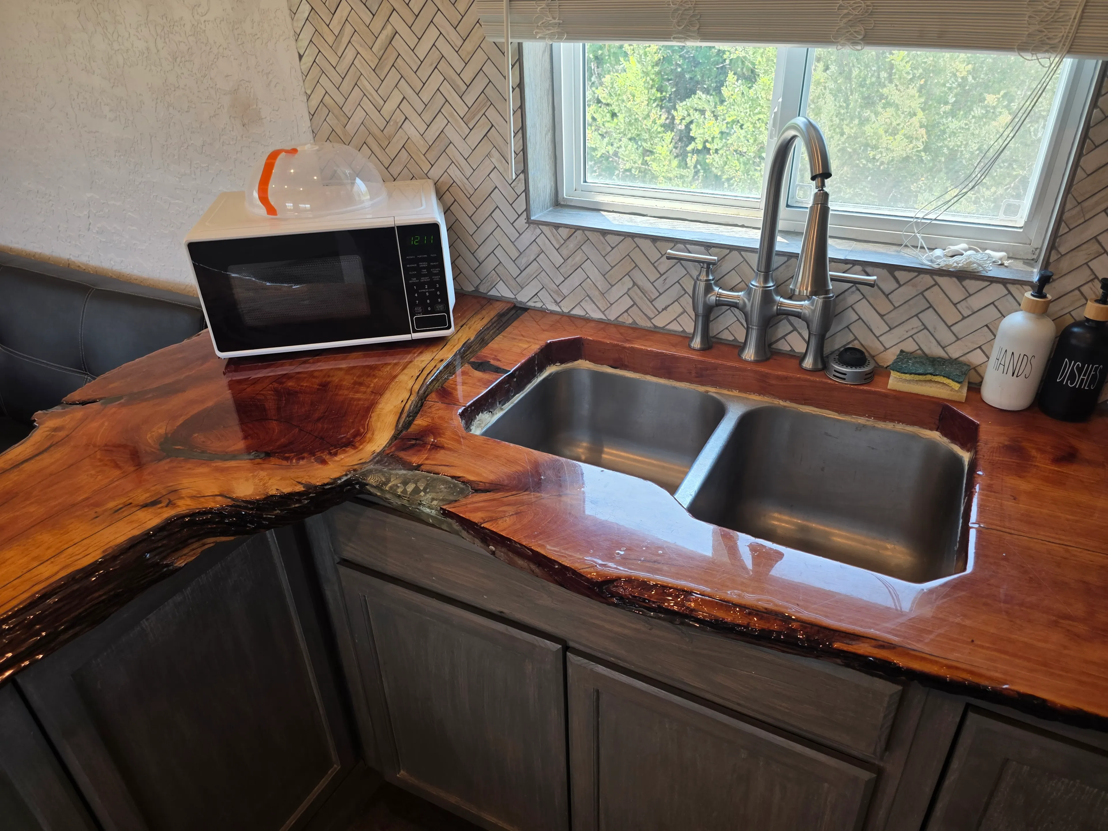 live-edge counter, sink, microwave