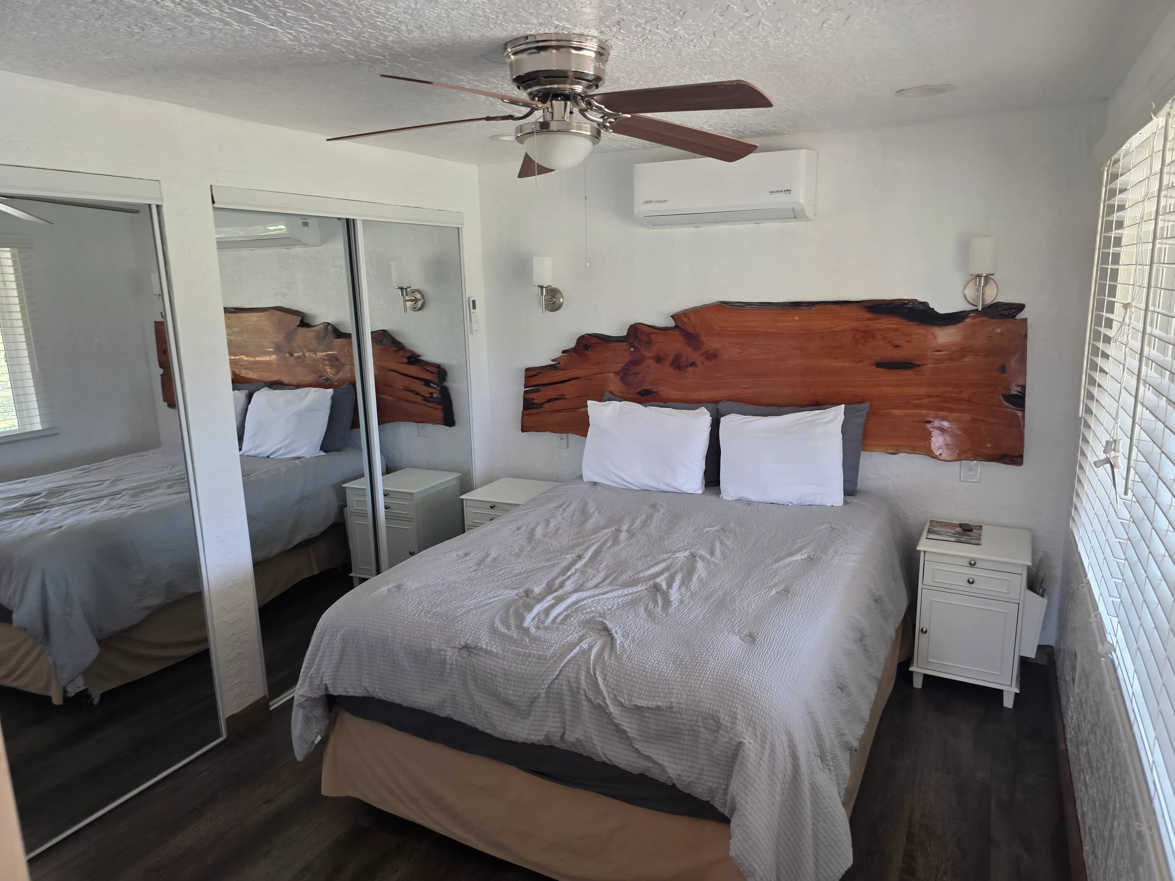queen bed, live-edge wood headboard