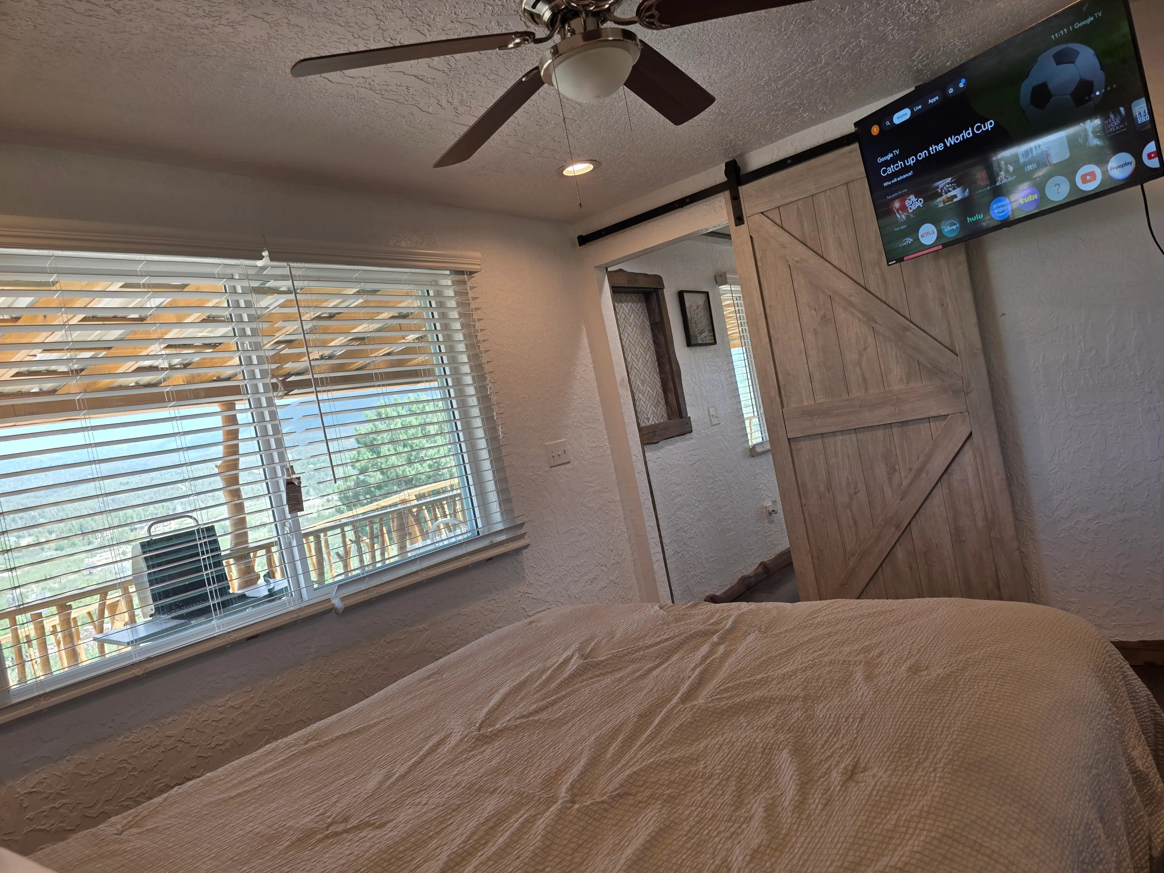 bedroom, ceiling fan, wall TV