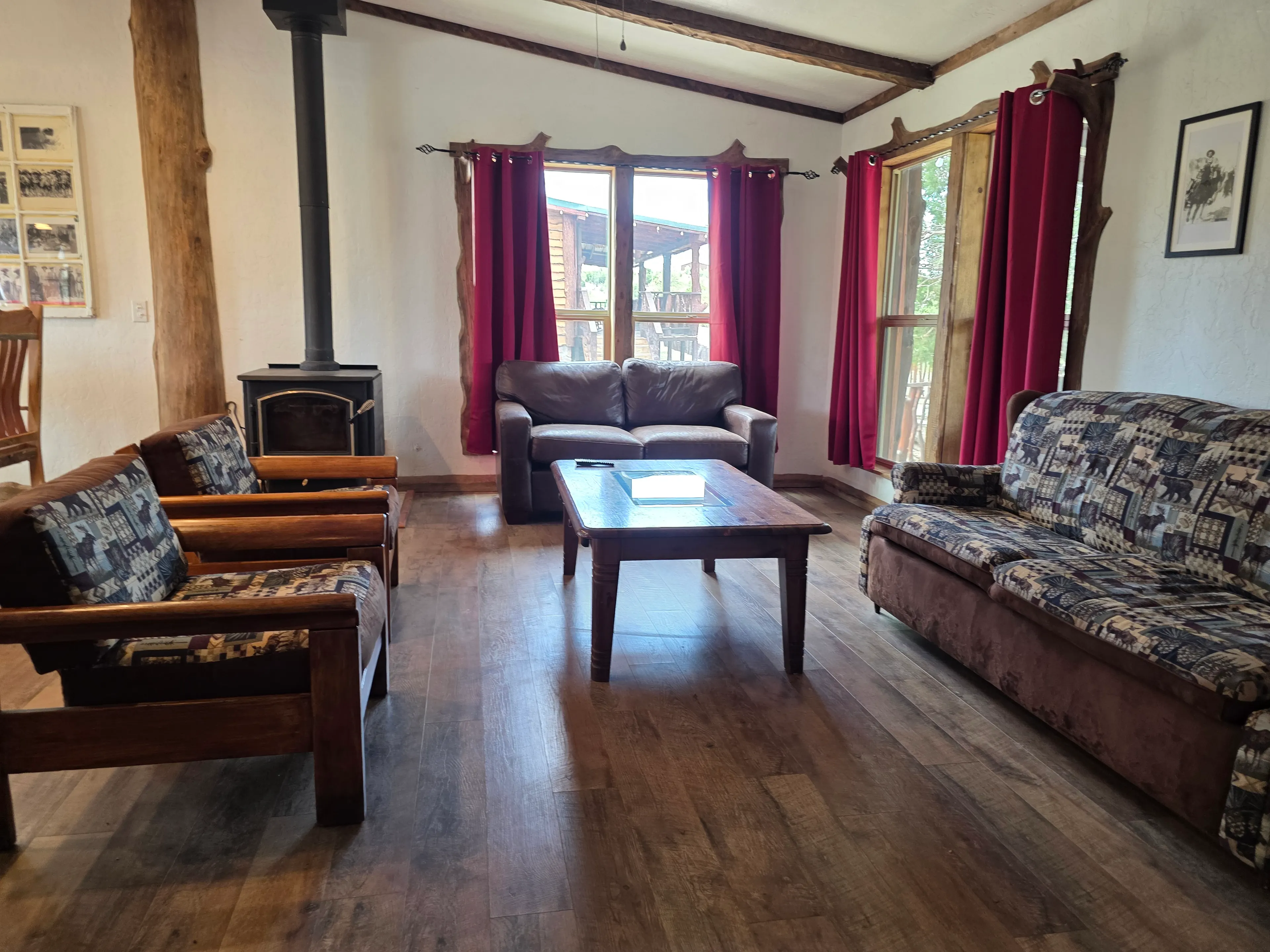 living room with wood stove