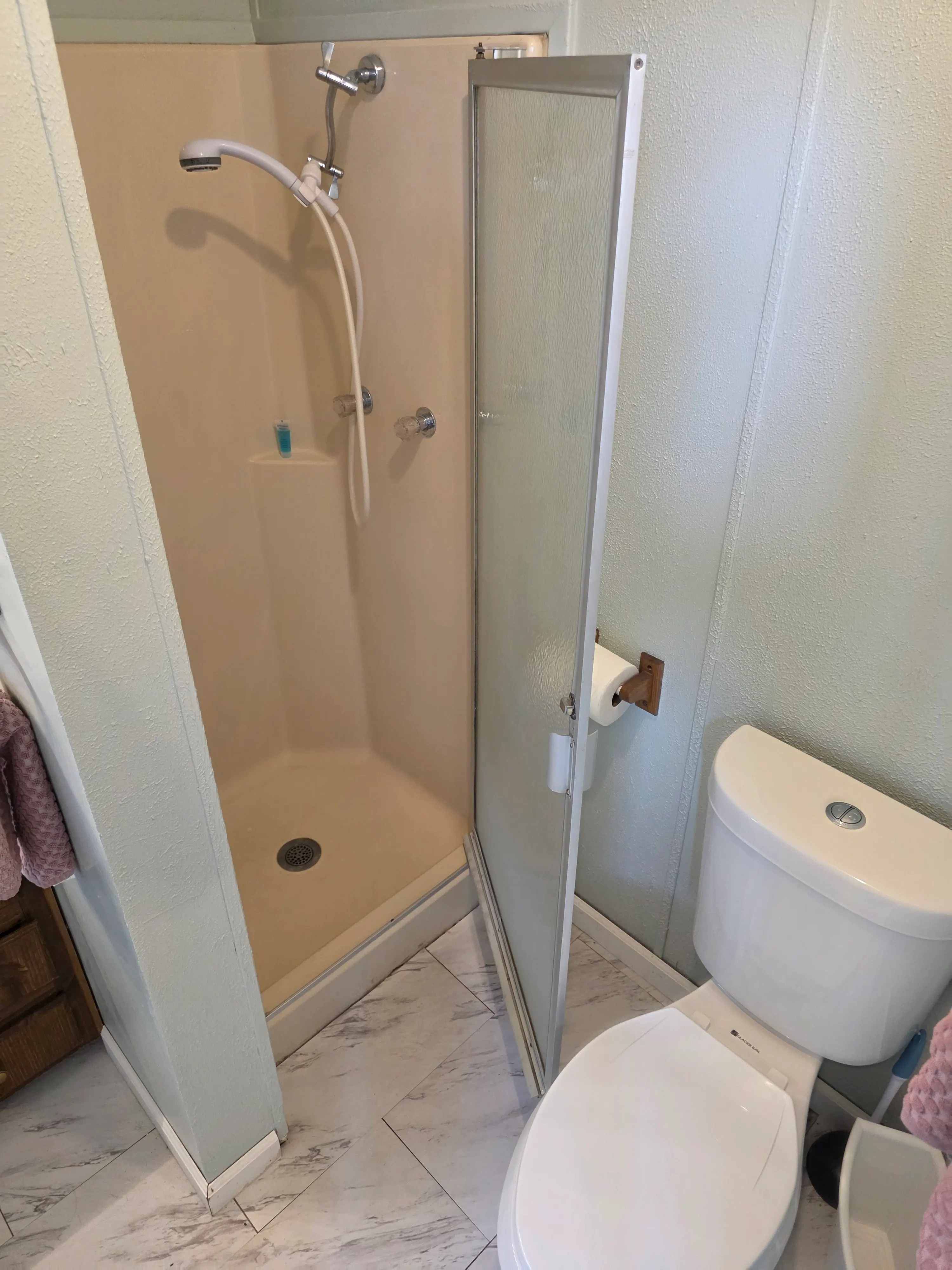 corner shower stall and toilet