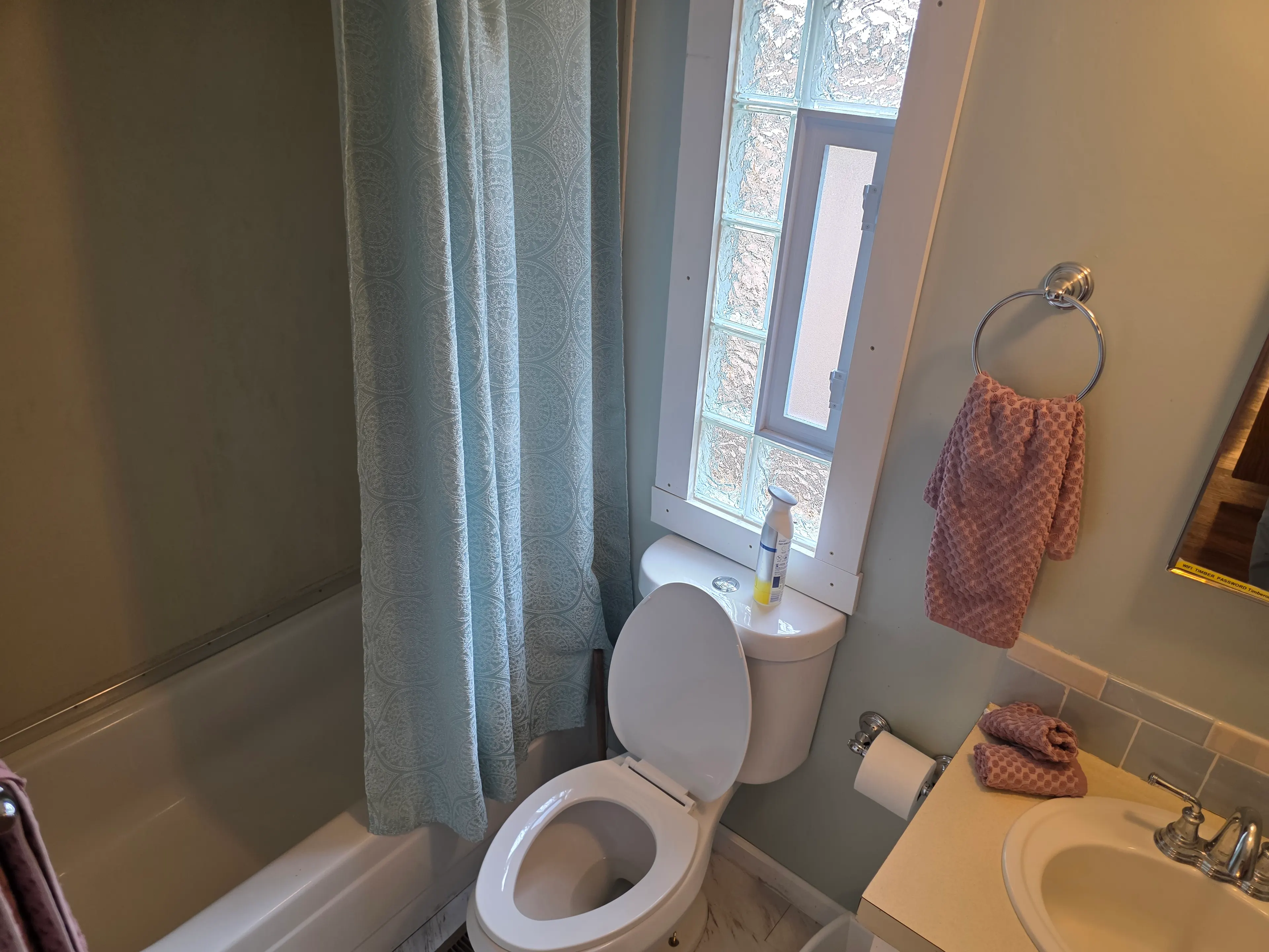 toilet, tub, glass-block window